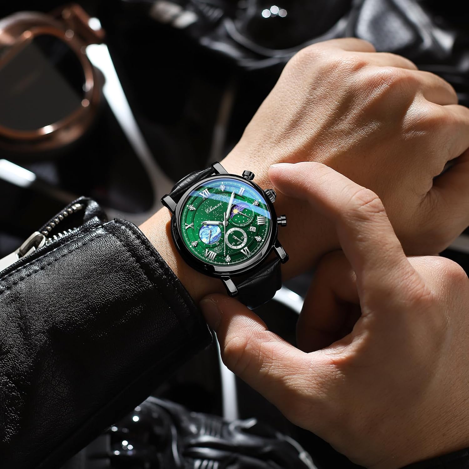 Men Classic Watches Chronograph Analog Watch Business Dress Leather | Waterproof Luminous Chronograph Starry Sky Moon