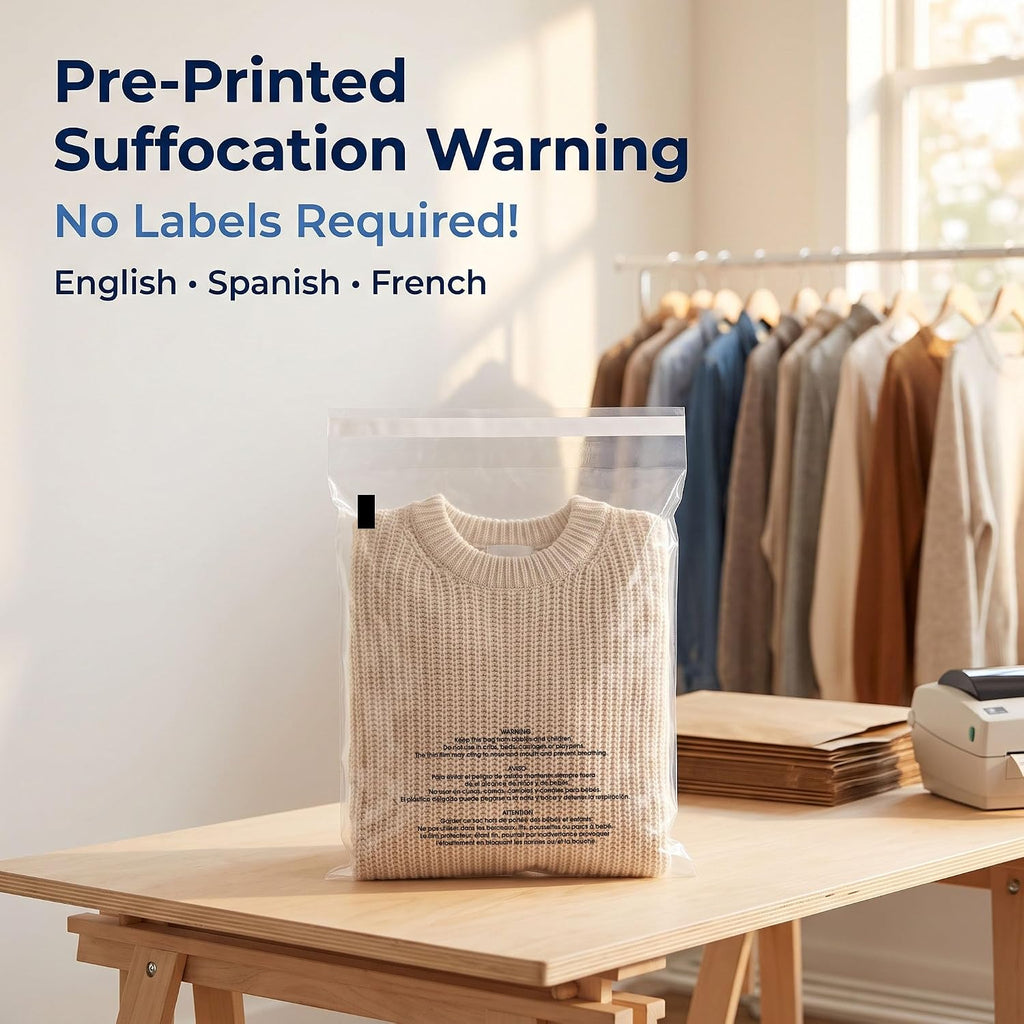 12” X 18” (100 Count) Self Seal Clear Poly Bags with Suffocation Warning