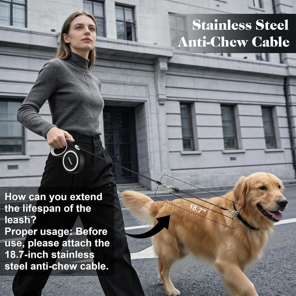 Retractable Dog Leash with Stainless Steel Anti-Chew Cable for Small & Medium Dogs up to 50 lbs | 16 ft Strong Nylon
