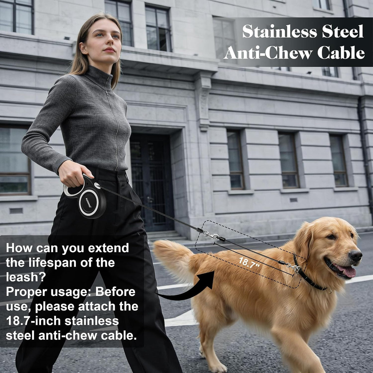 Retractable Dog Leash with Stainless Steel Anti-Chew Cable for Small & Medium Dogs up to 50 lbs | 16 ft Strong Nylon