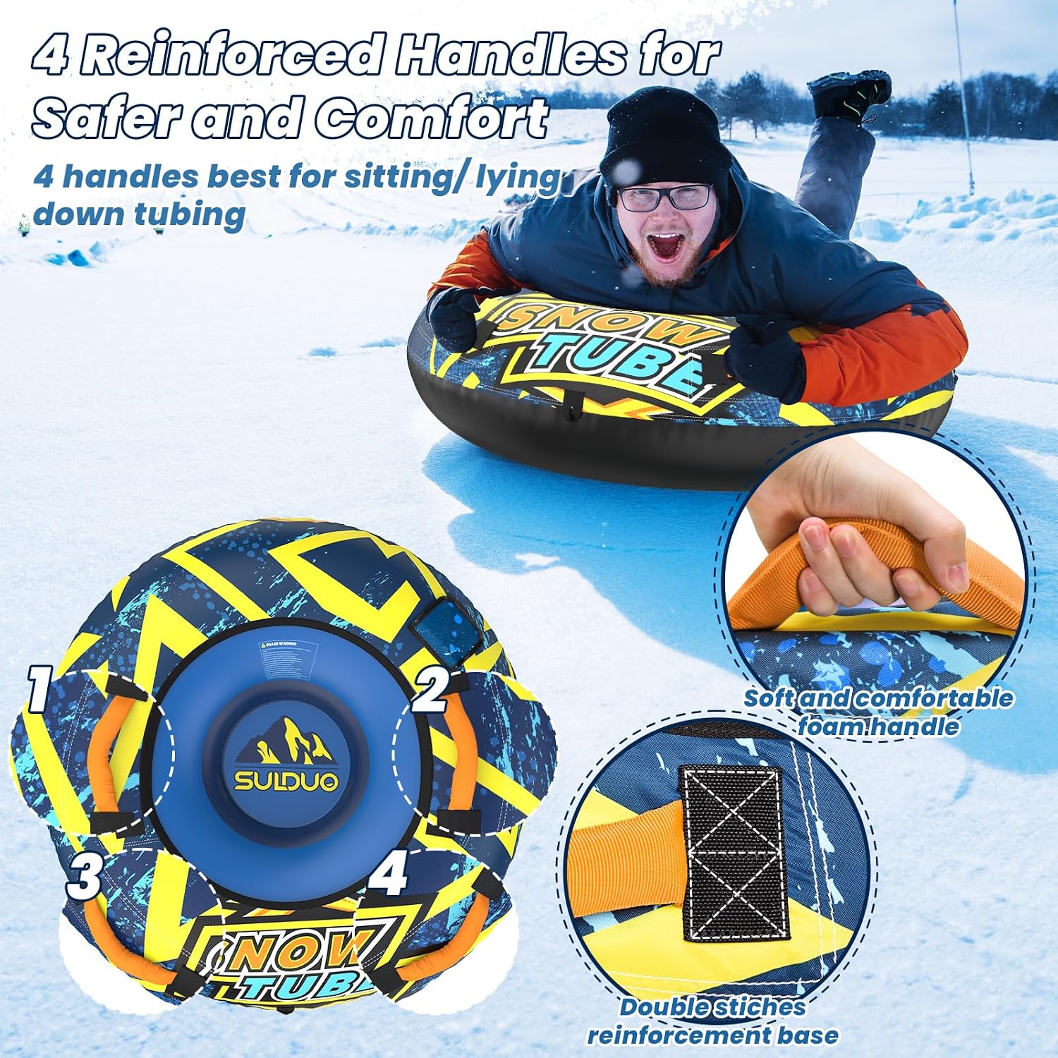 47'' Heavy Duty Snow Tube with Premium Canvas Cover and 4 Foam Filled Handles, Inflatable Snow Sled for Kids and