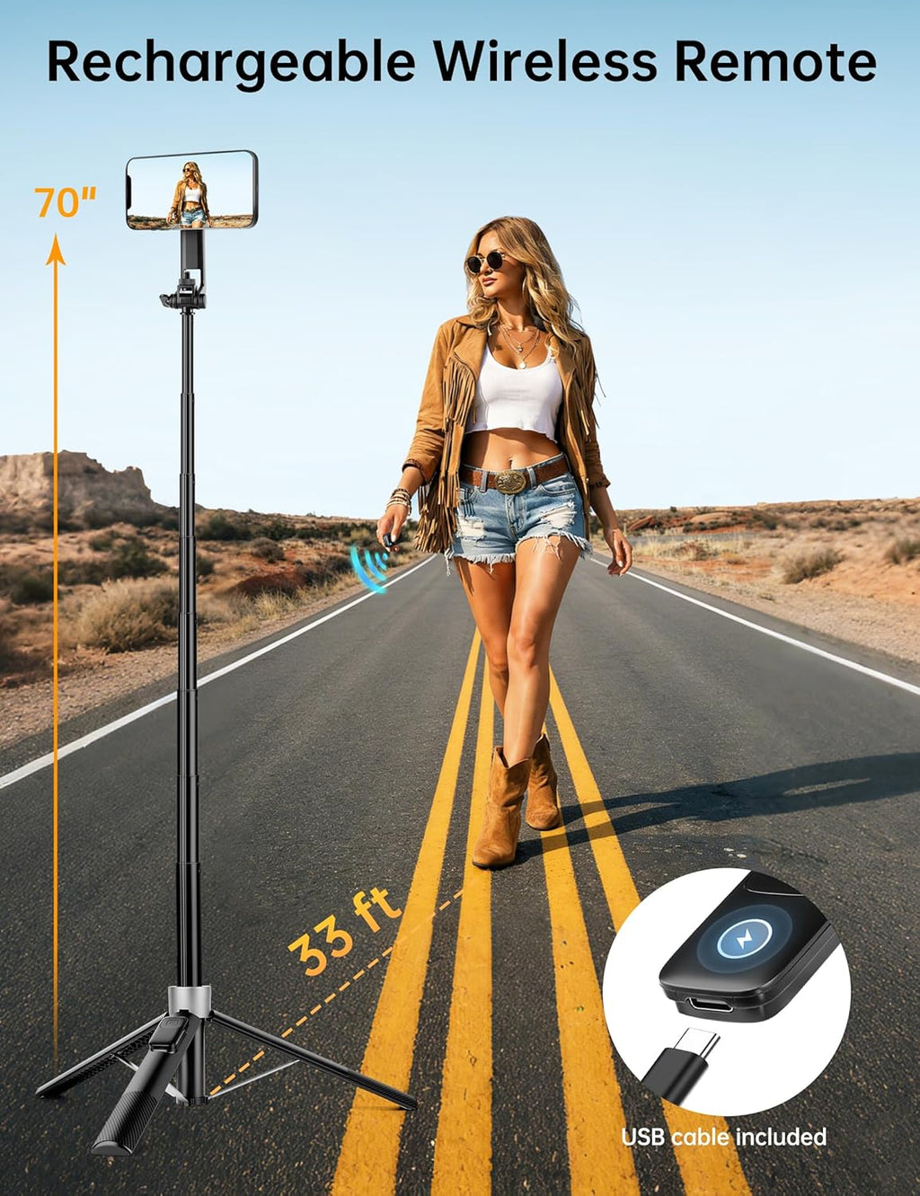 70" Magnetic Phone Tripod, Selfie Stick Tripod for iPhone MagSafe & Camera | Rechargeable Remote & 2 in 1 Magnetic