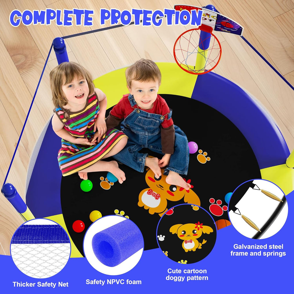 60" Trampoline for Kids, 5 FT Indoor & Outdoor Toddler Baby Trampoline with Basketball Hoop, Safety Enclosure