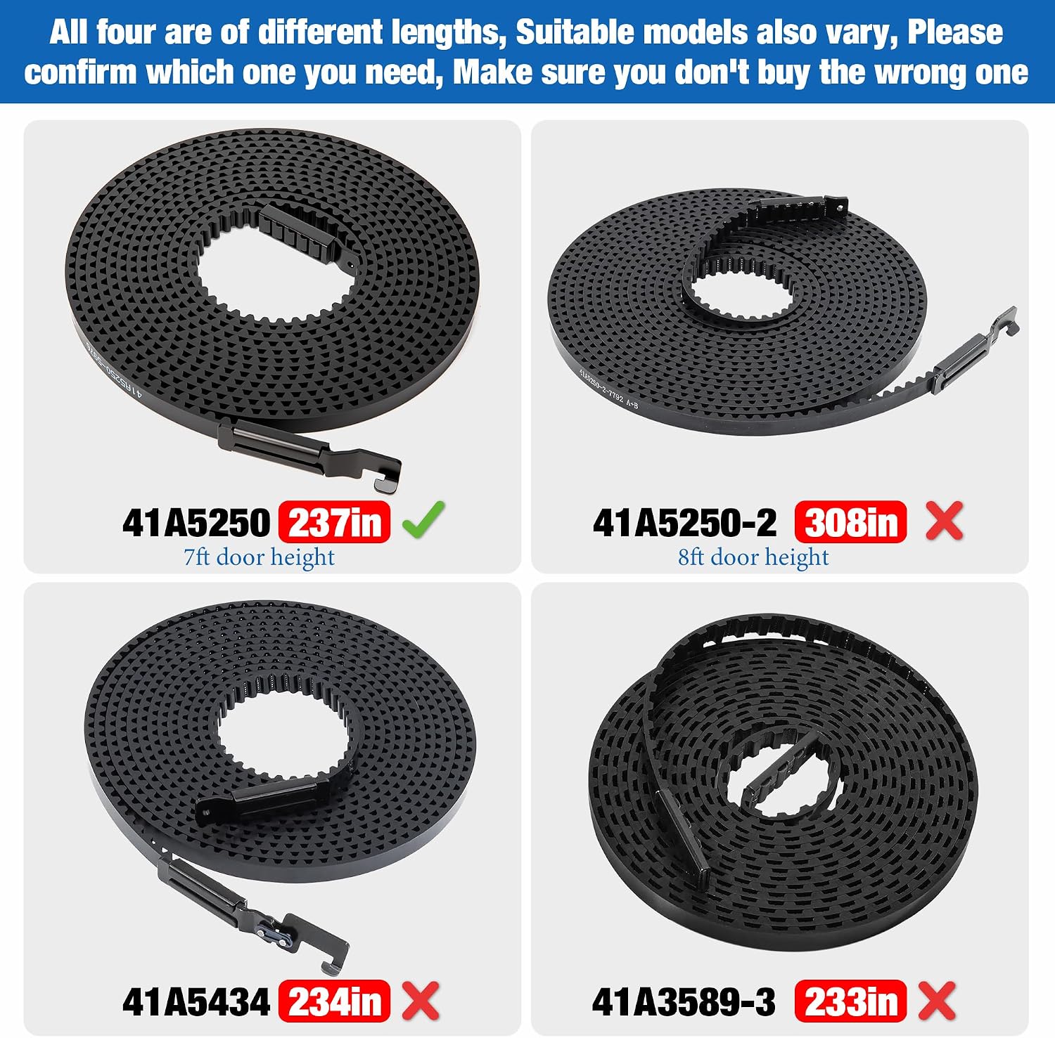 41A5250 Garage Door Opener Drive Belt Replacement Kit – 237-Inch Quiet Drive Belt for 7ft High Door – Compatible with