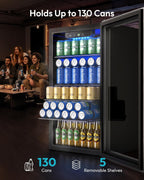 130 Can Mini Fridge, Beverage Refrigerator with Glass Door, Silver