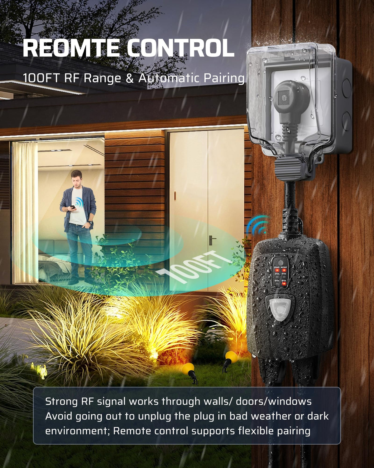 Outdoor Light Timer, Outdoor Timer Outlet,100FT Remote Control