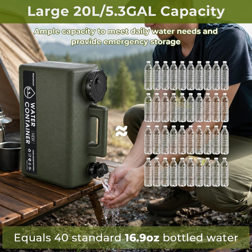 5.3 Gallon Camping Water Jug, BPA Free Portable Water Container with Spigot & Extension Tube, Space Saving Flat Water
