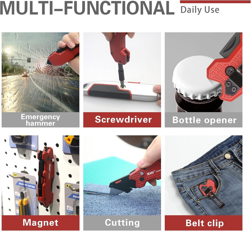 Folding Utility Knife with Screwdriver, 5-in-1 Multi-functional Heavy Duty Lock-back Box Cutter