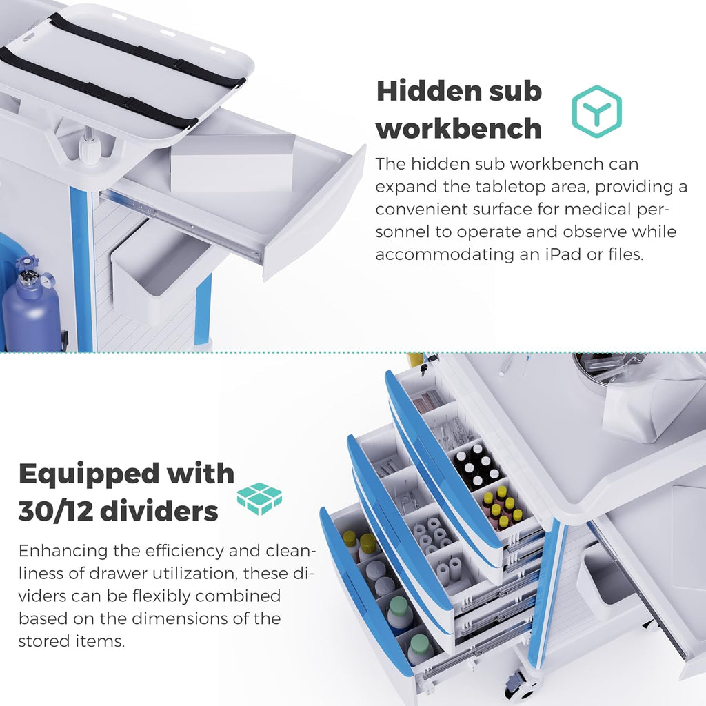 Adjustable Rolling Medical Storage Crash Cart-Includes Silent Casters | IV Pole, Needle Disposal Holder, Trash Bin &