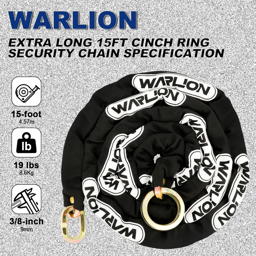 Heavy Duty Security Chain, 15ft x 3/8in (9mm) Thick, Anti-Theft & Cut-Proof Motorcycle Chain with Cinch Ring - Secure