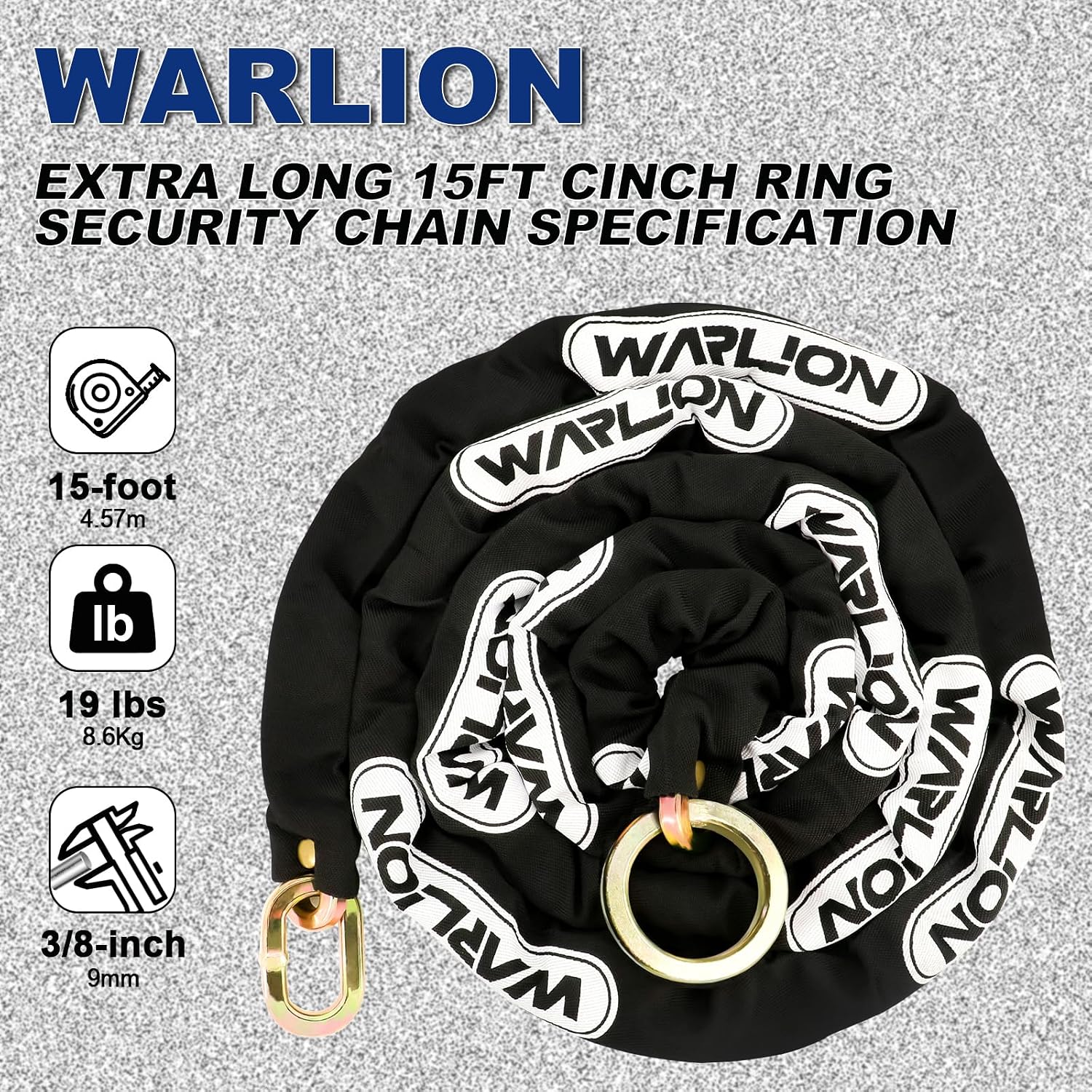 Heavy Duty Security Chain, 15ft x 3/8in (9mm) Thick, Anti-Theft & Cut-Proof Motorcycle Chain with Cinch Ring - Secure