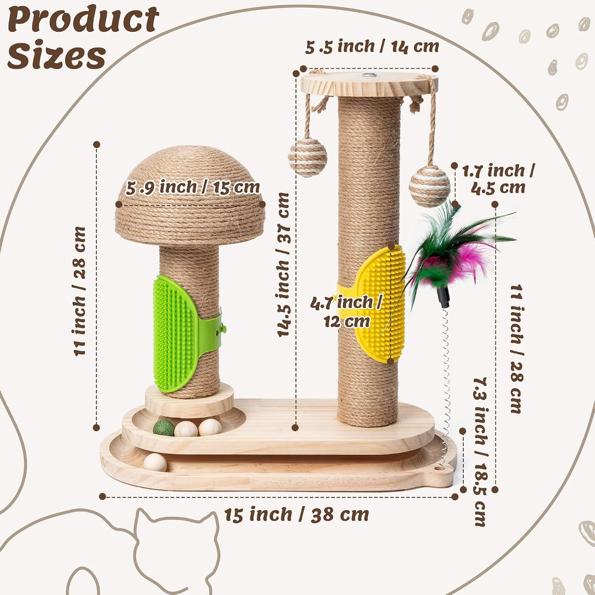 Cat Scratching Post Interactive - 5-in-1 Kitten Scratch Post Self Play Toy, Vertical Scratcher and Self Groomer for