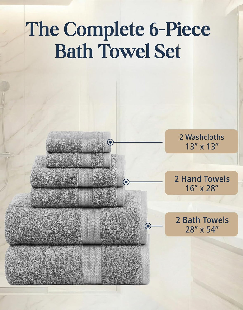 Towel Set for Bathroom 6 Piece Soft Absorbent Quick Dry - Grey | Towels And Washcloths Sets - Oversized & Roomy