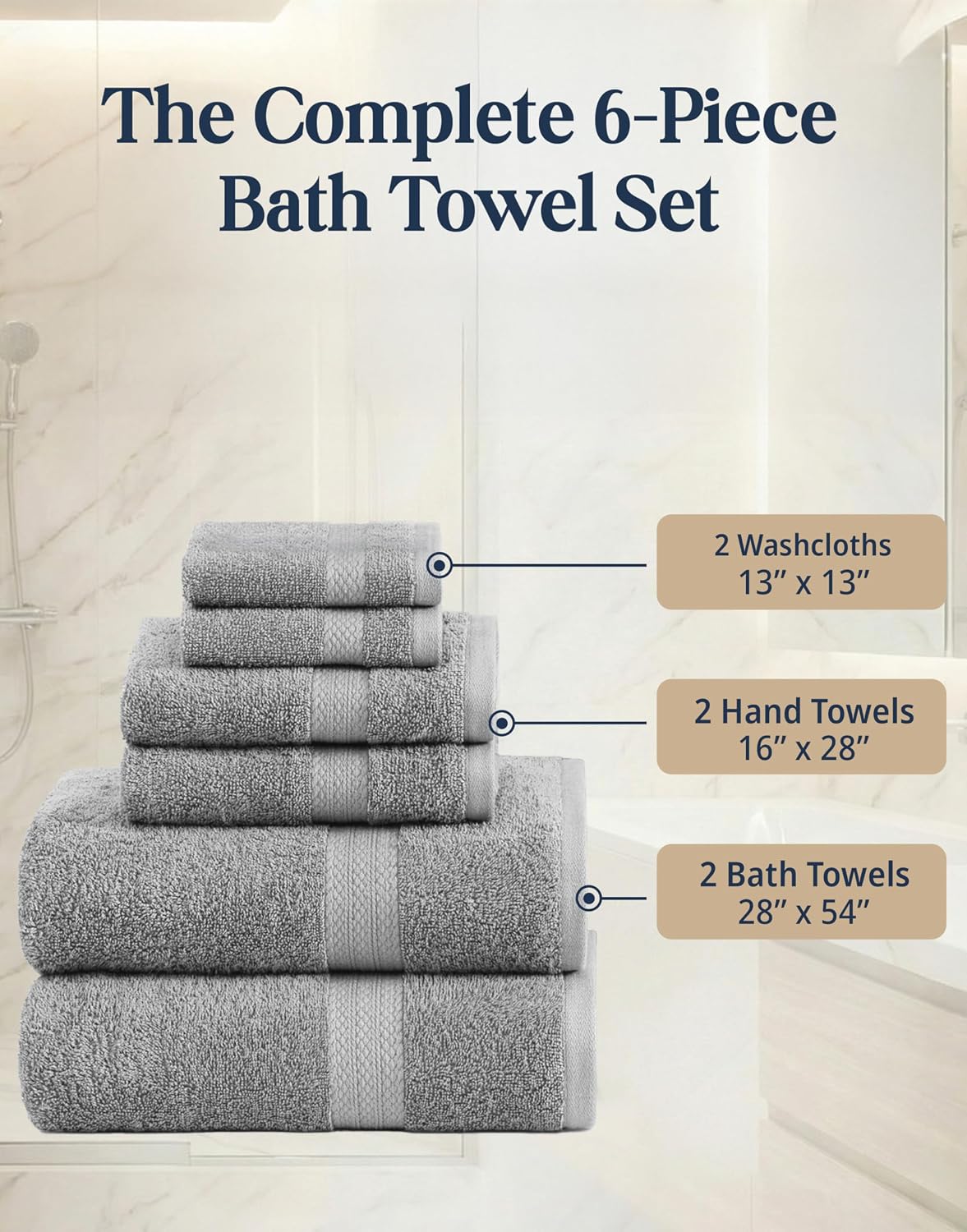 Towel Set for Bathroom 6 Piece Soft Absorbent Quick Dry - Grey | Towels And Washcloths Sets - Oversized & Roomy