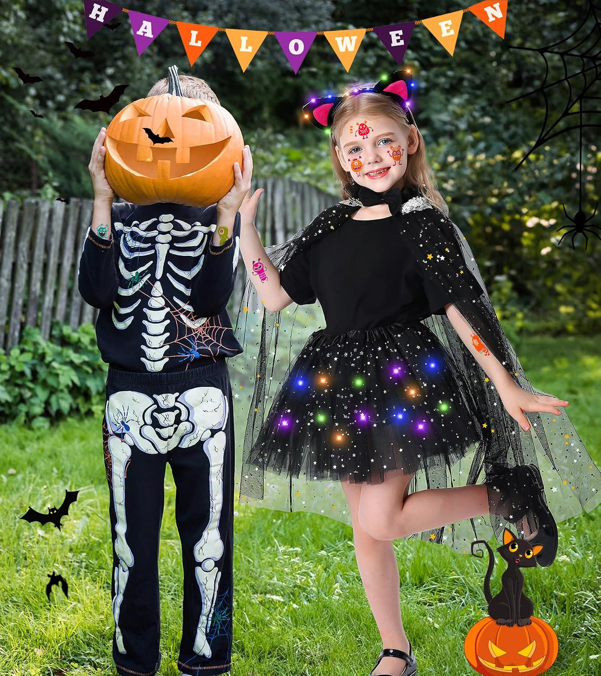 Black Cat Costume & Cape for Girls, Light Up Kid Halloween Costume for Girl