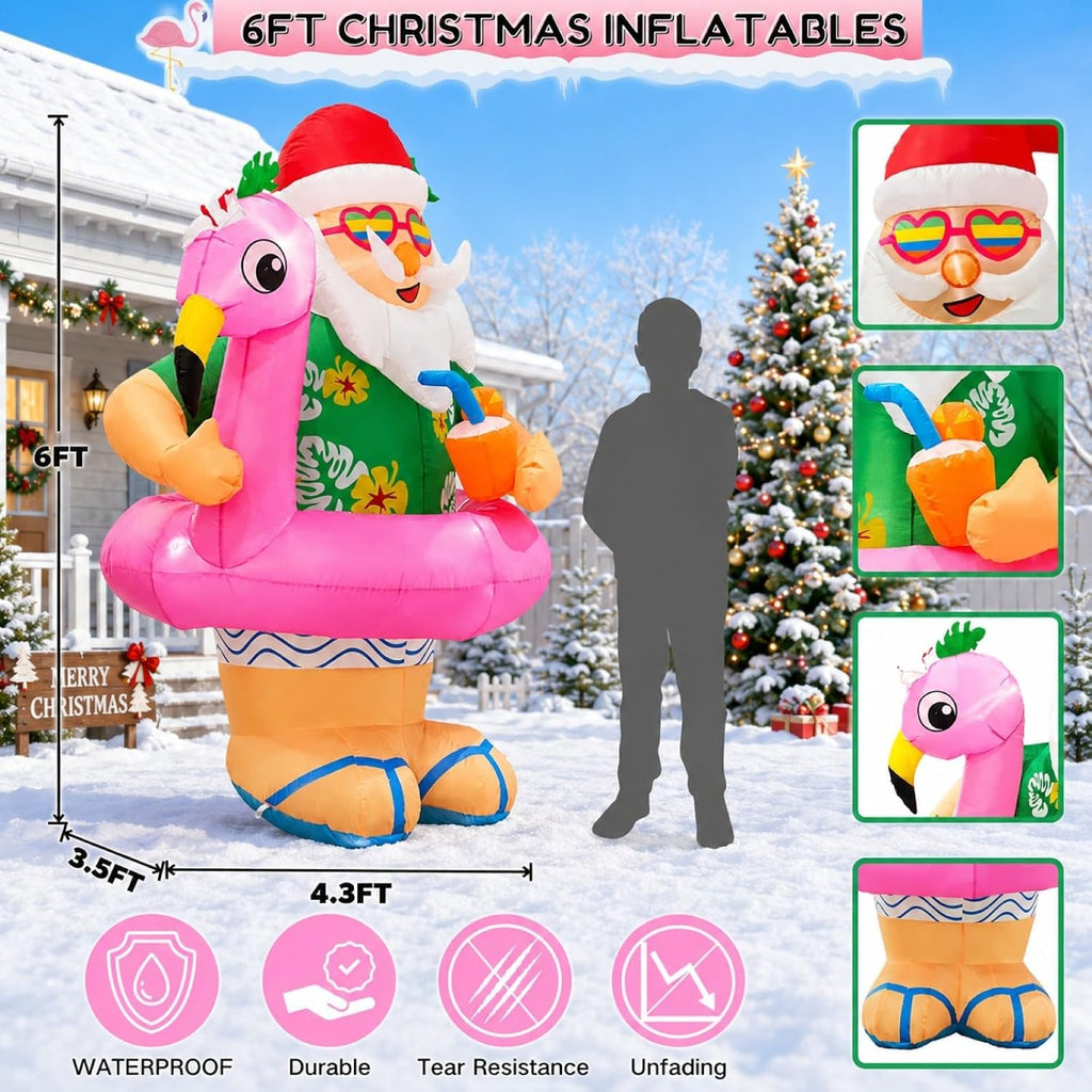 Christmas Inflatable Santa Claus Outdoor Decorations 6ft Giant Blow Up Hawaiian Santa Inflatables with Flamingo