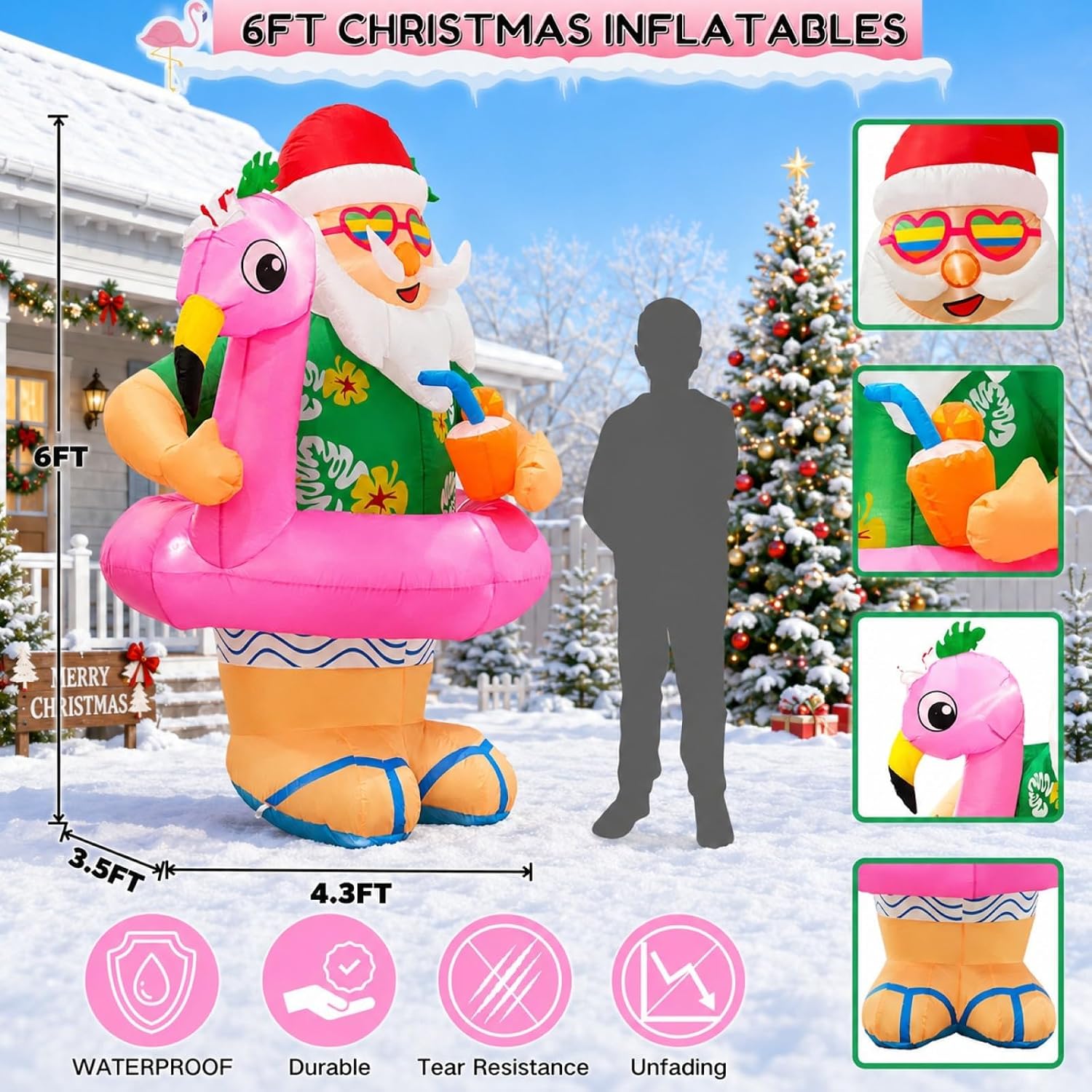 Christmas Inflatable Santa Claus Outdoor Decorations 6ft Giant Blow Up Hawaiian Santa Inflatables with Flamingo