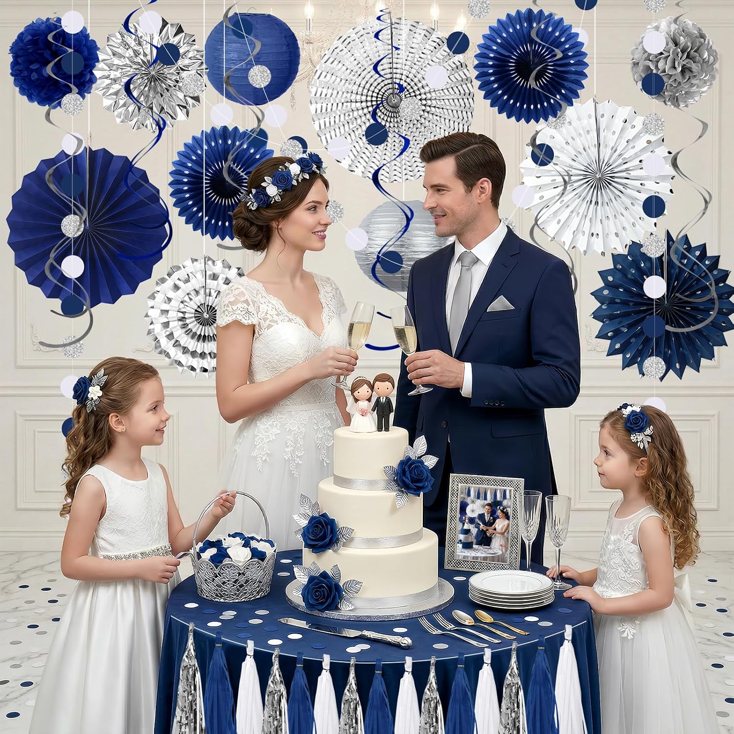 34 Pcs Blue and Silver Party Decorations, Hanging Paper Lanterns Fans Pom Poms Set, Blue Streamers, 2026 Graduation