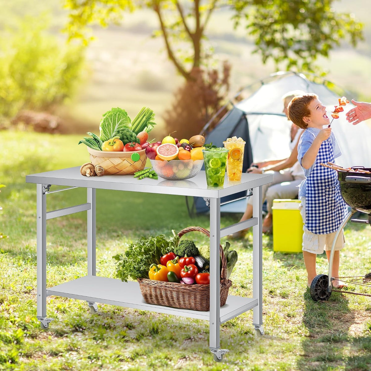 48x24" NSF Stainless Steel Folding Prep Table w/ Undershelf & Casters