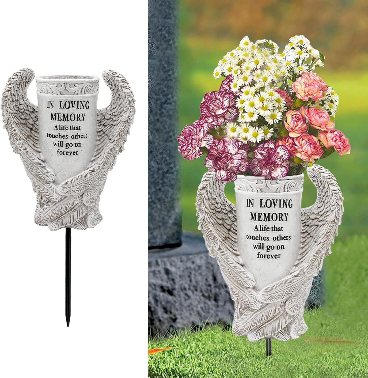 Grave Decorations for Cemetery, Angel Wings Vases with Spikes for Garden Decorations Waterproof Garden Statues