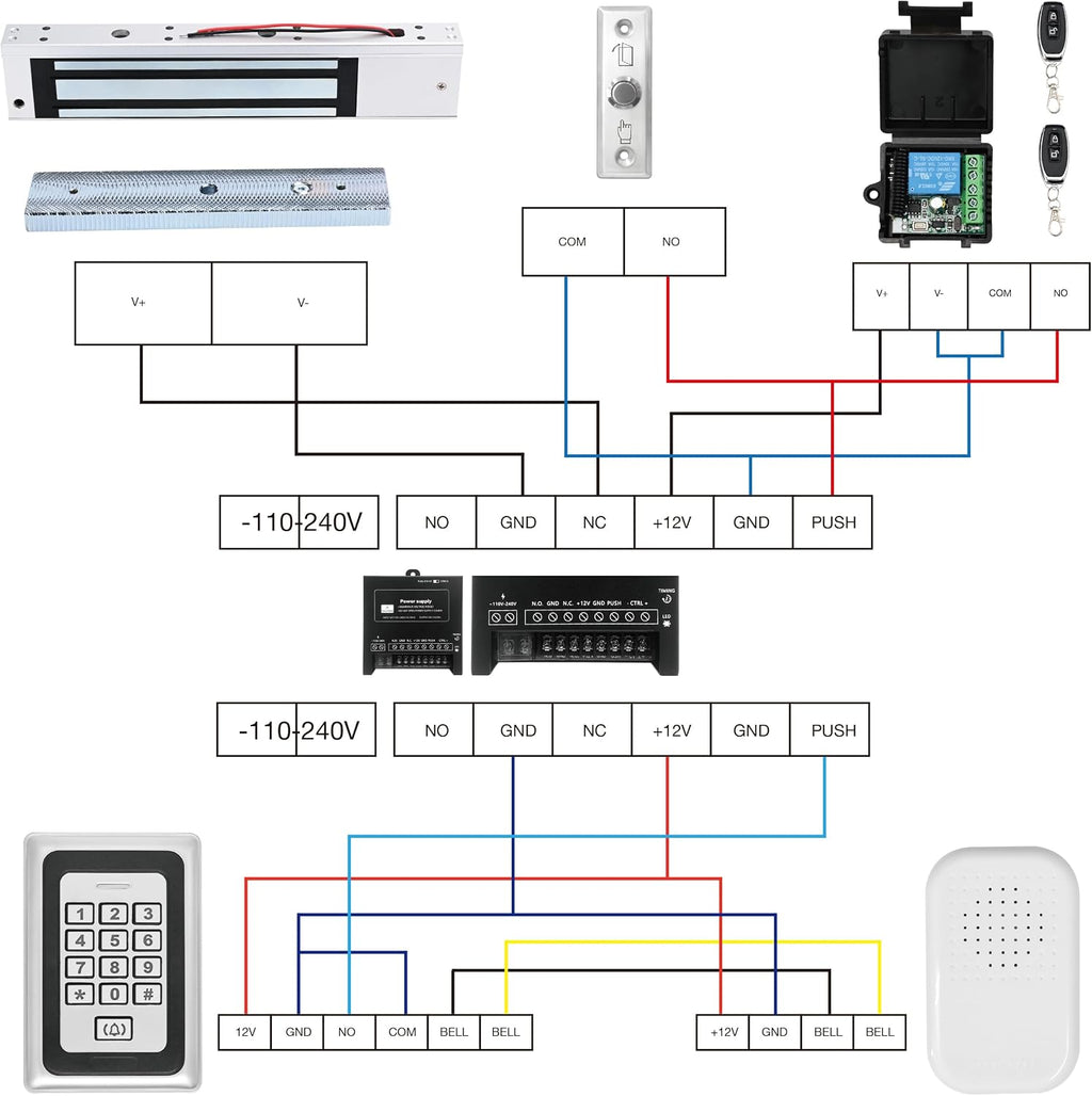 Access Control System 600lb Electric Magnetic Door Lock Kit: RFID Keypad, Remotes, Exit Button, Close to Entry Keypad