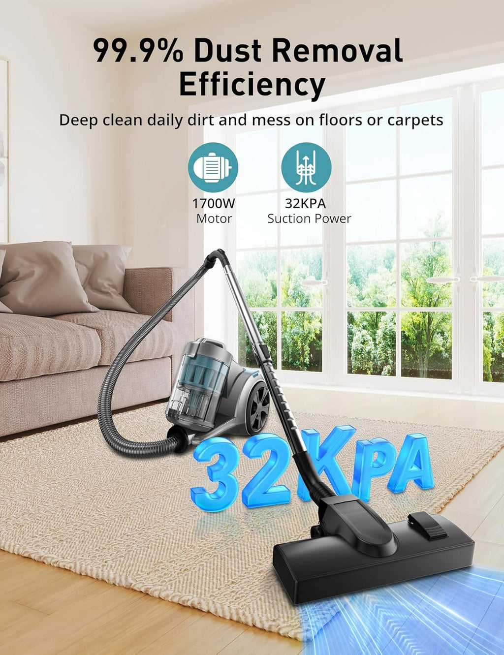 1700W Canister Vacuum Cleaner, 45Kpa Bagless Vacuum Cleaner, Multi-Cyclonic Filtration, 2 Anti-Allergen HEPA Filters