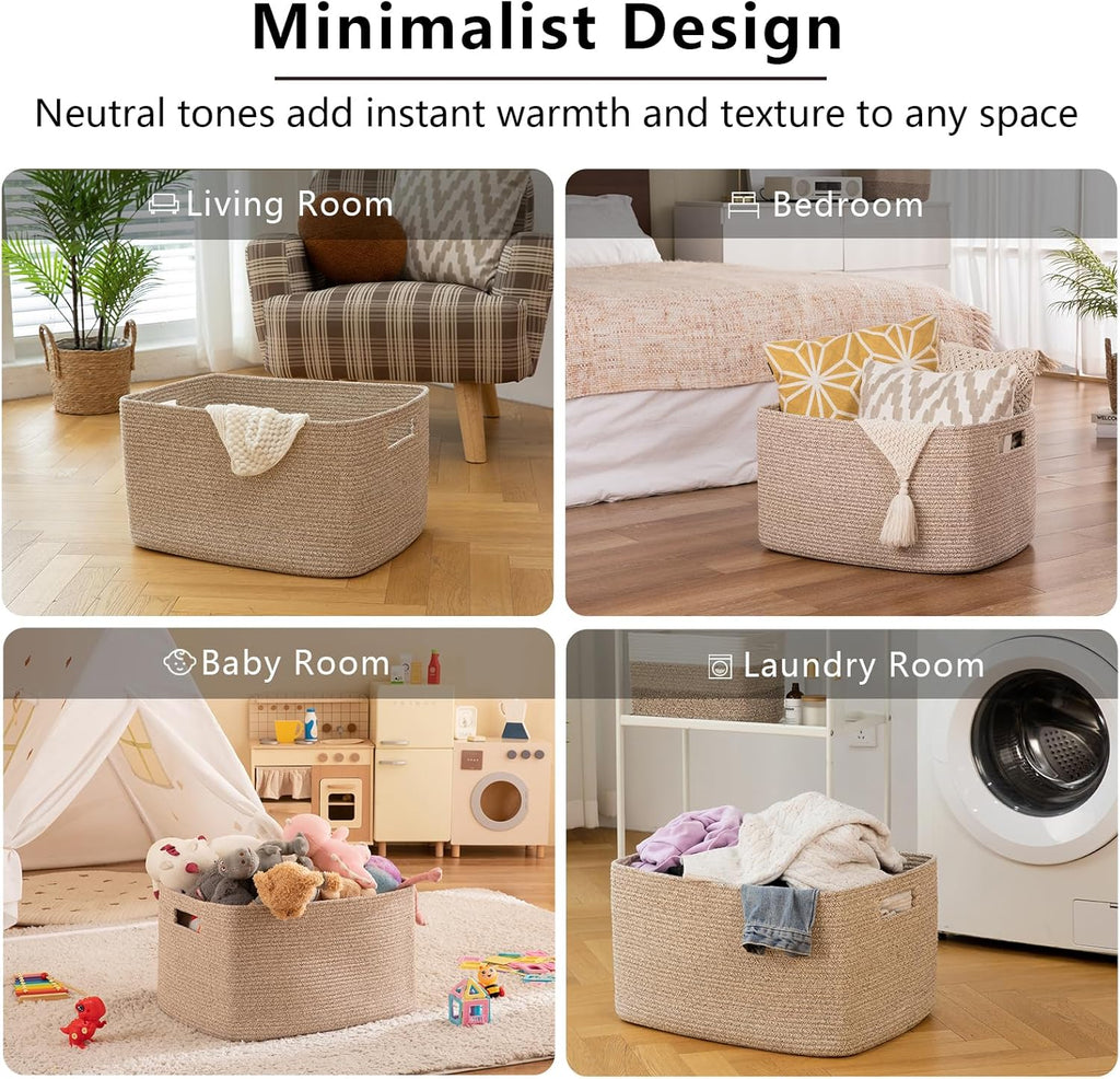 75L Large Woven Cotton Rope Storage Basket with Handle for Organizing Blanket and Toys for Living Room, Nursery