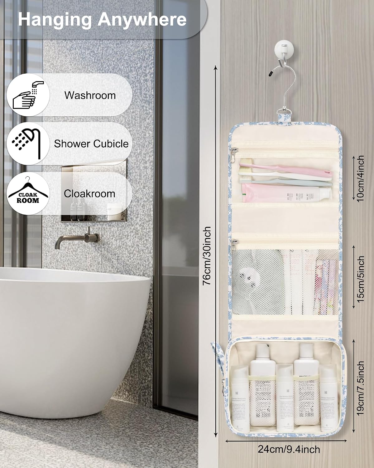 Small Hanging Toiletry Bag for Men and Women, Portable Hanging Organizer for Travel-Sized Shower Dopp Kit, Waterproof