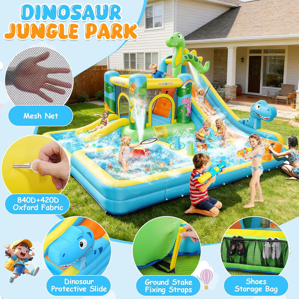Inflatable Water Slide,13 in 1 Dinosaur Themed Bounce House Water Park for Kids 3-12 with Dual Big Splash Pool&Long