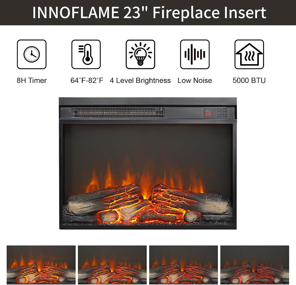 23" Electric Fireplace Insert with Real Fire Crackling Sound, Adjustable Flame & Thermostat, 1400W, 4 Adjustable