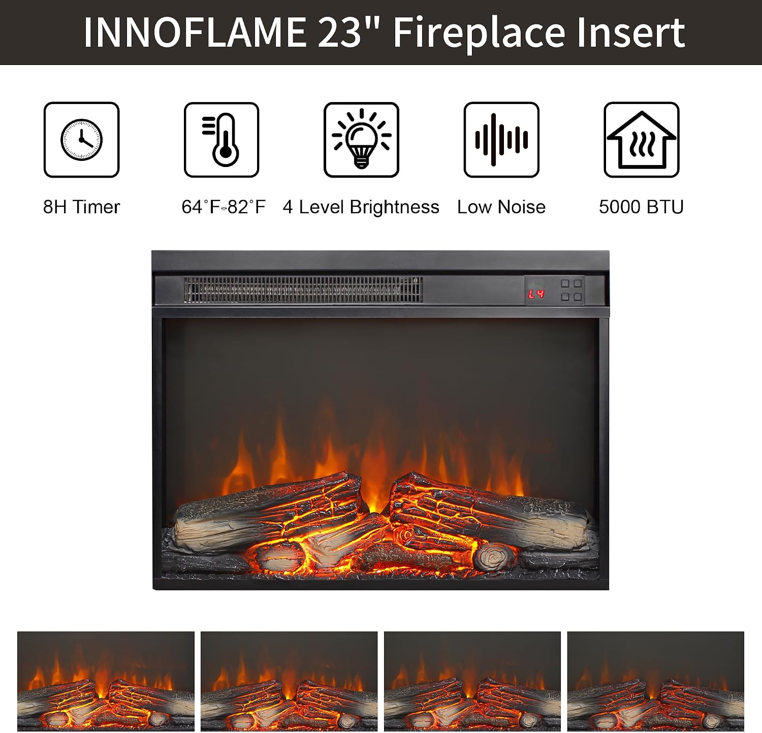 23" Electric Fireplace Insert with Real Fire Crackling Sound, Adjustable Flame & Thermostat, 1400W, 4 Adjustable