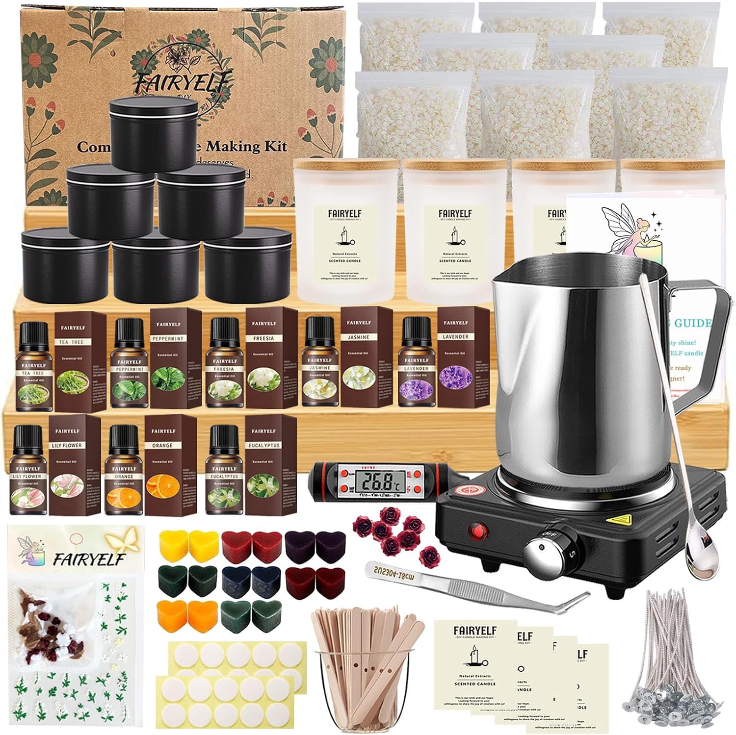 Soy Candle Making Kit for Adults & Hot Plate, DIY Starter Supplies | Includes Glass Jars, Tins, Scents, Soy Wax, 3D