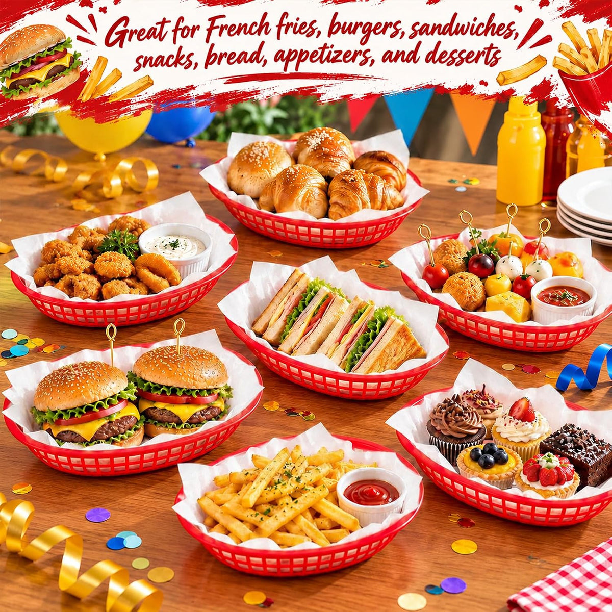 24 Pack Large Oval Serving Plastic Fast Food Baskets, Red