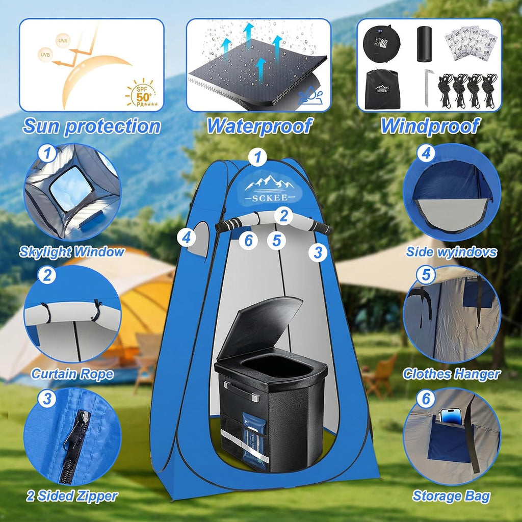 16.5'' Camping Toilet with Pop-Up Privacy Tent Set, XL Portable Toilet for Camping, Outdoor Showers Changing Rooms