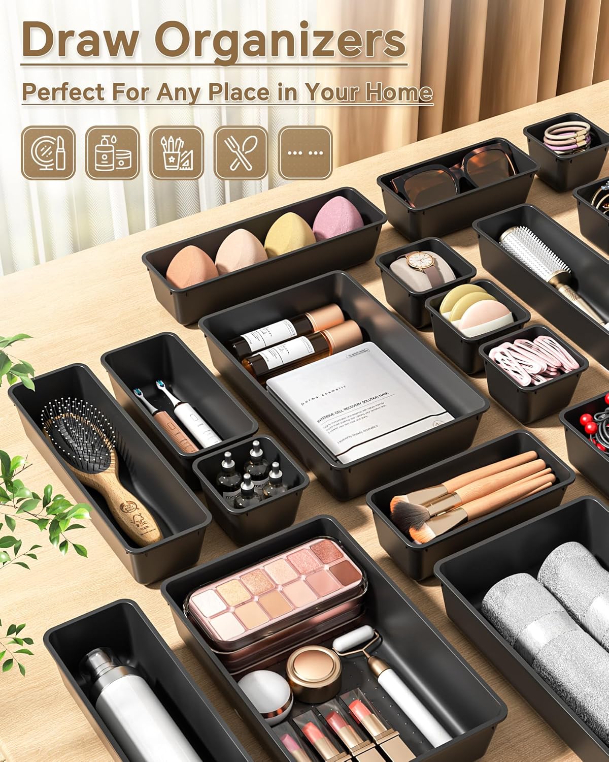 25 PCS Plastic Drawer Organizers Set, 4 Sizes Vanity Organizer, Makeup and Desk Drawer Organizer Trays, Organization