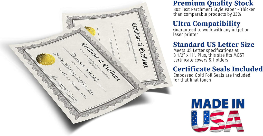 Certificate of Excellence Certificate Paper with Embossed Gold Foil Seals - 30 Pack - Parchment Award Certificates