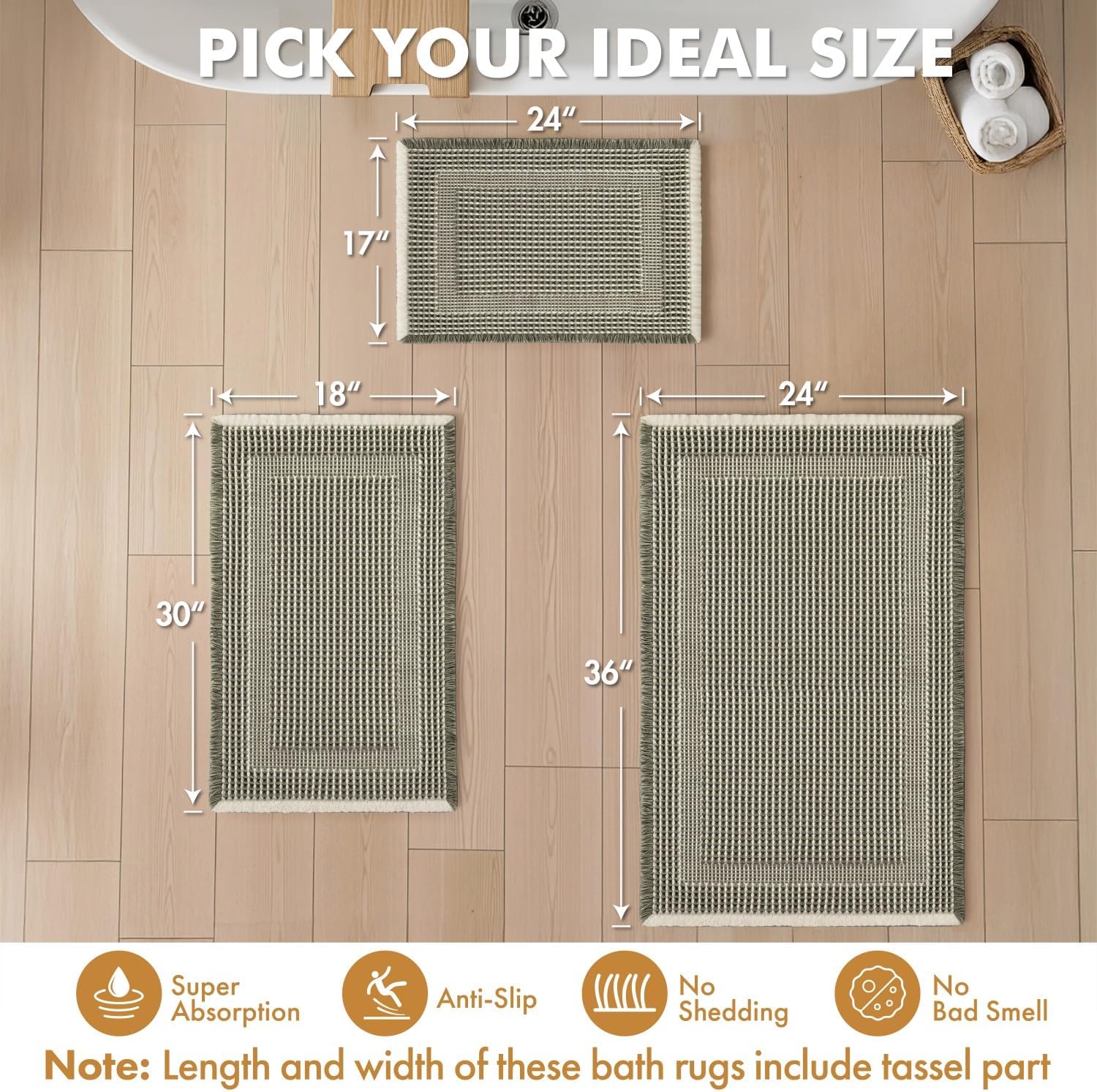 Set of 2 Waffle Bathroom Rugs Green&Cream Boho Bath Mat 17x24+18x30 | Looped Design, Super Absorbent, Non Slip