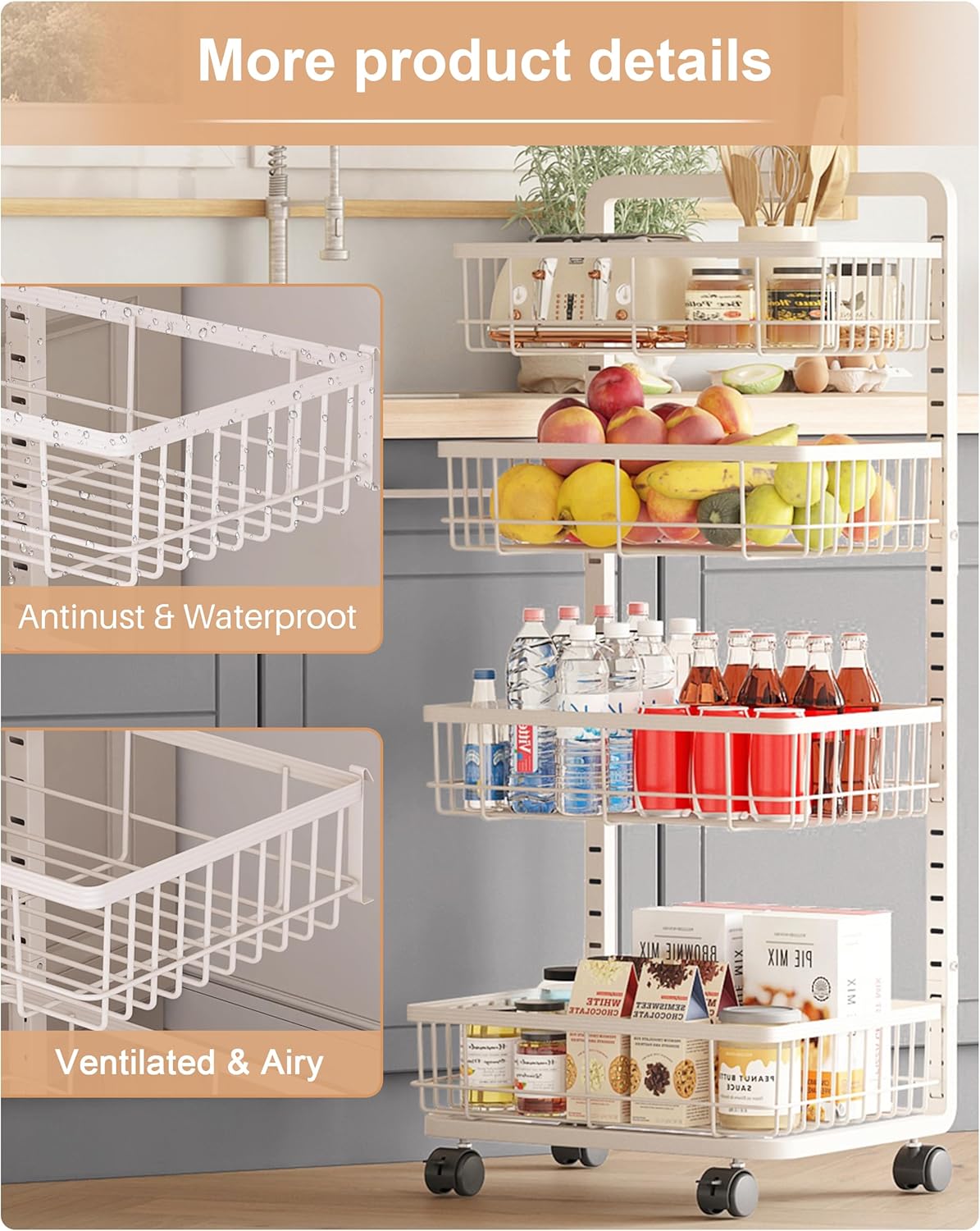 4-Tier Kitchen Storage Cart Metal Snack Cart Adjustable Fruit Basket on Wheels Stand Baskets for Potato Onion Produce