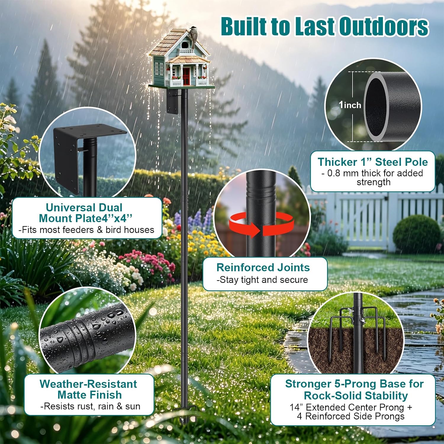 Heavy Duty Bird Feeder Pole - 103" Extra Tall Bird House Stand Outdoor, Anti-Tip Stakes & Stable Mount for Smart