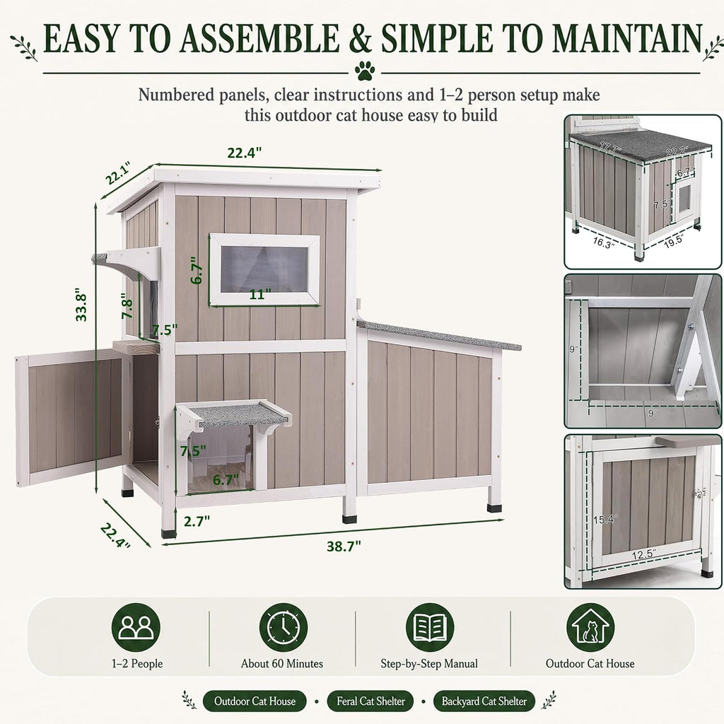 Outrdoor Cat House for 2-3 Cats Safe Outdoor Feral Cat Shelter Weatherproof Wooden Cat Houses with 3 Rooms 3 Escape