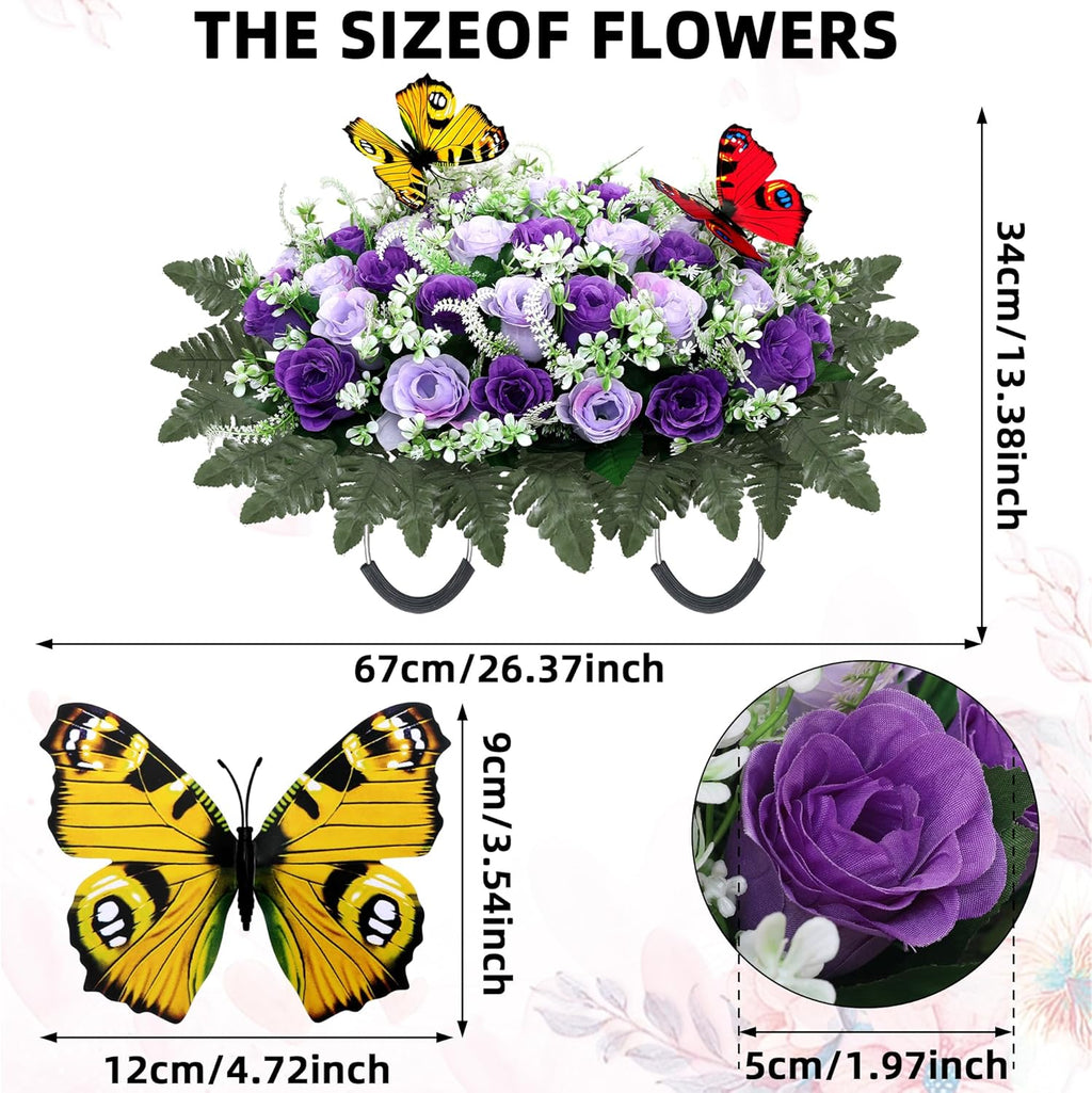 Artificial Cemetery Flowers for Grave,Large Headstone Flower Saddle Realistic Grave Flowers Memorial Silk Rose