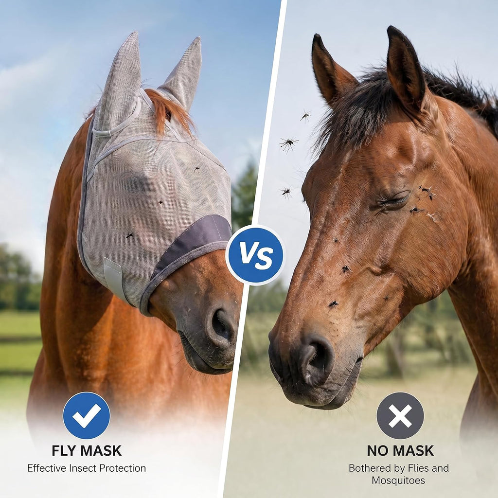 Horse Fly Mask with Ears - UV Protection Fine Mesh Super Comfort Fly Masks for Horses, Adjustable Breathability