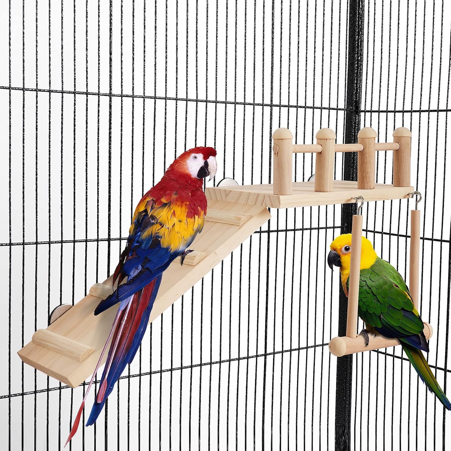 Bird Perches Platform Swing with Climbing Ladder, Parakeet Cage Accessories Wooden Playing Gyms Exercise Sturdy for