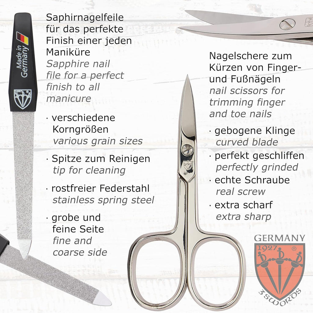3 Swords Germany - brand quality 10 piece manicure pedicure grooming kit set for professional finger & toe nail care