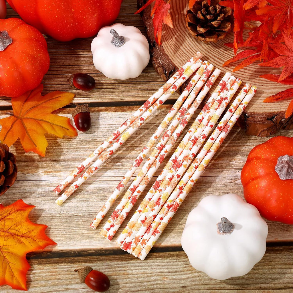 200Pcs Fall Thanksgiving Paper Straws Maple Leaf Disposable Straws Orange Yellow Maple Drinking Straws Autumn