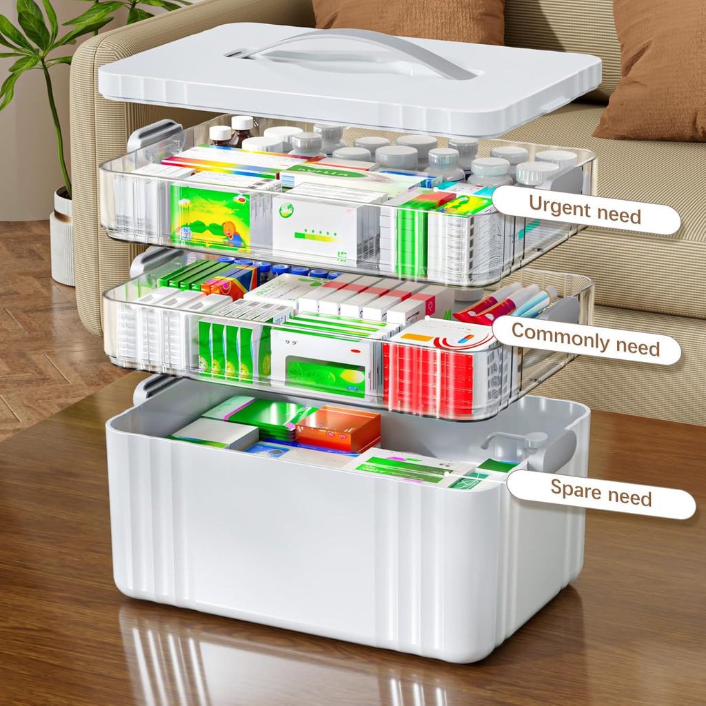3-Tier Medicine Organizer - Portable Medicine Cabinet with Plastic Handle, Multipurpose Medical Box, Pill Organizer
