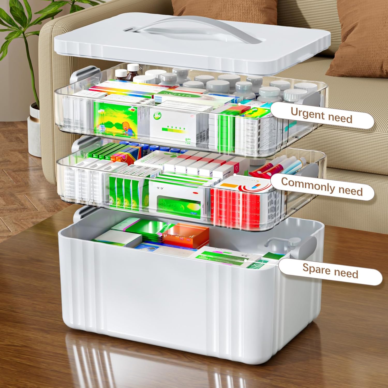 3-Tier Medicine Organizer - Portable Medicine Cabinet with Plastic Handle, Multipurpose Medical Box, Pill Organizer