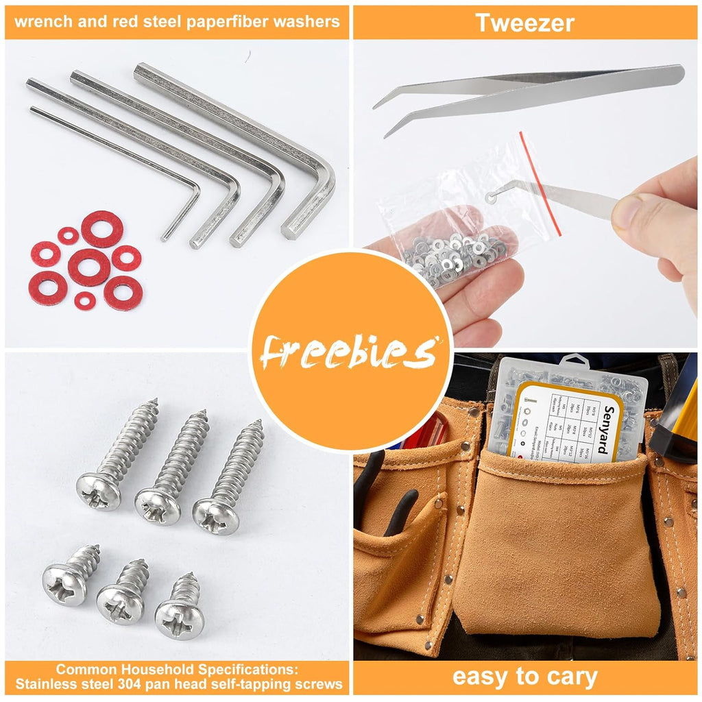 M2 M3 M4 M5 Nuts and Bolts, 304 Stainless Steel Metric Bolt Assortment (Lock & Flat Washers),Metric Screw Assortment