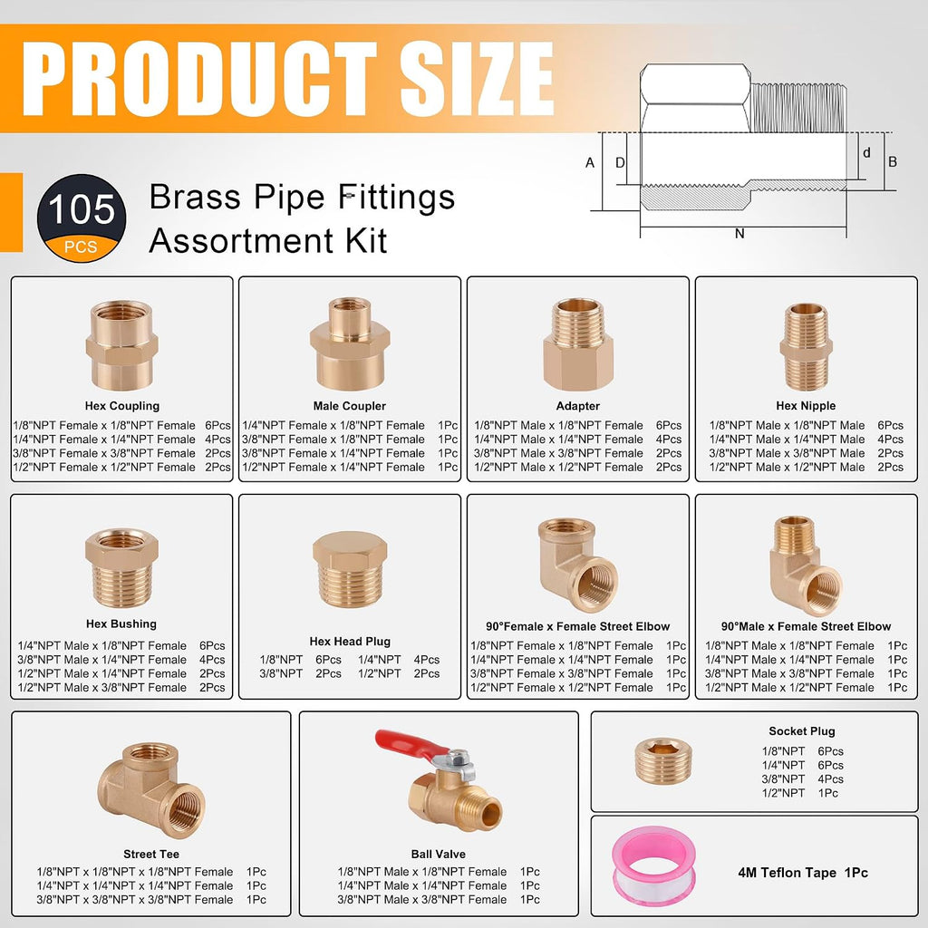105PCS Brass Pipe Fittings Assortment Kit,1/8" 1/4" 3/8" 1/2" NPT