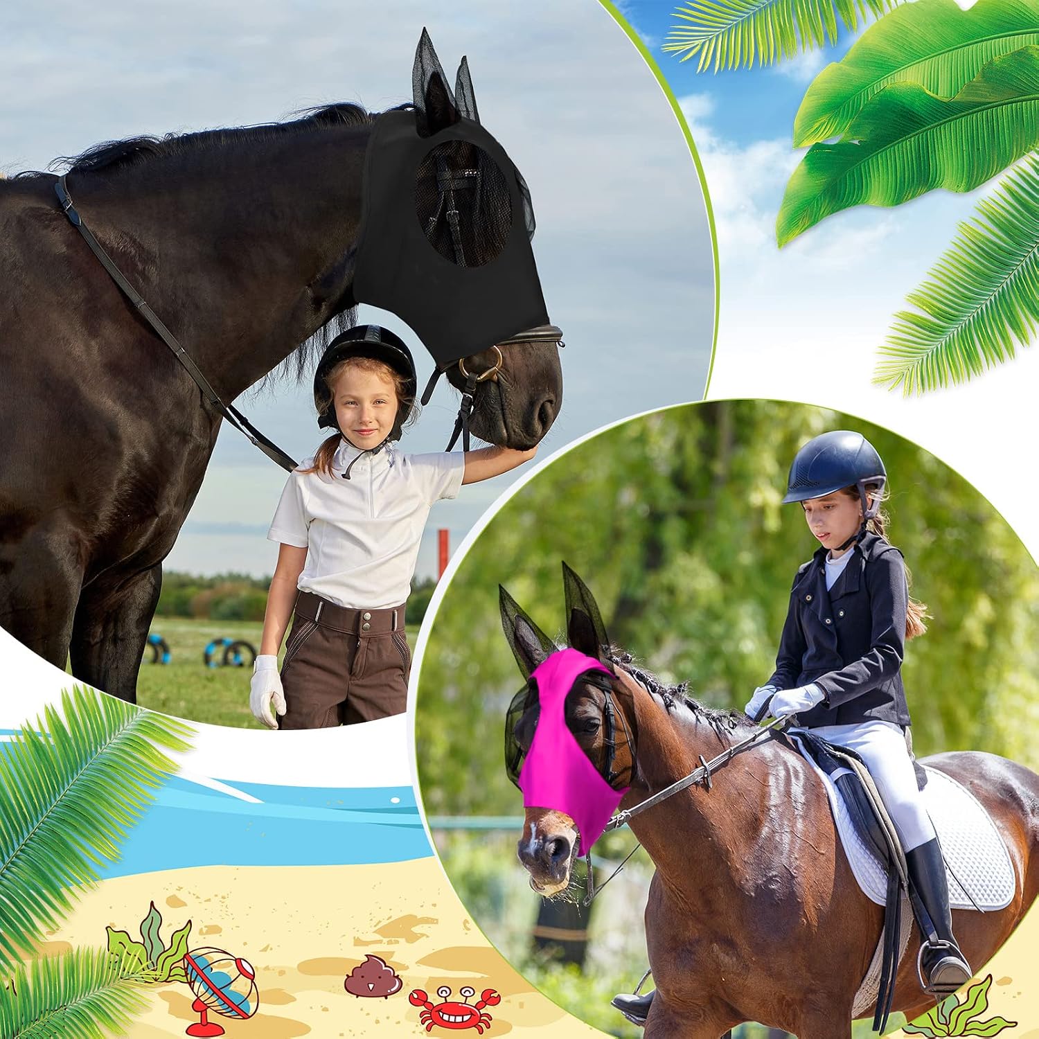 4 Pcs Horse Fly Mask with Ear, Large, Purple, Blue, Pink, Black